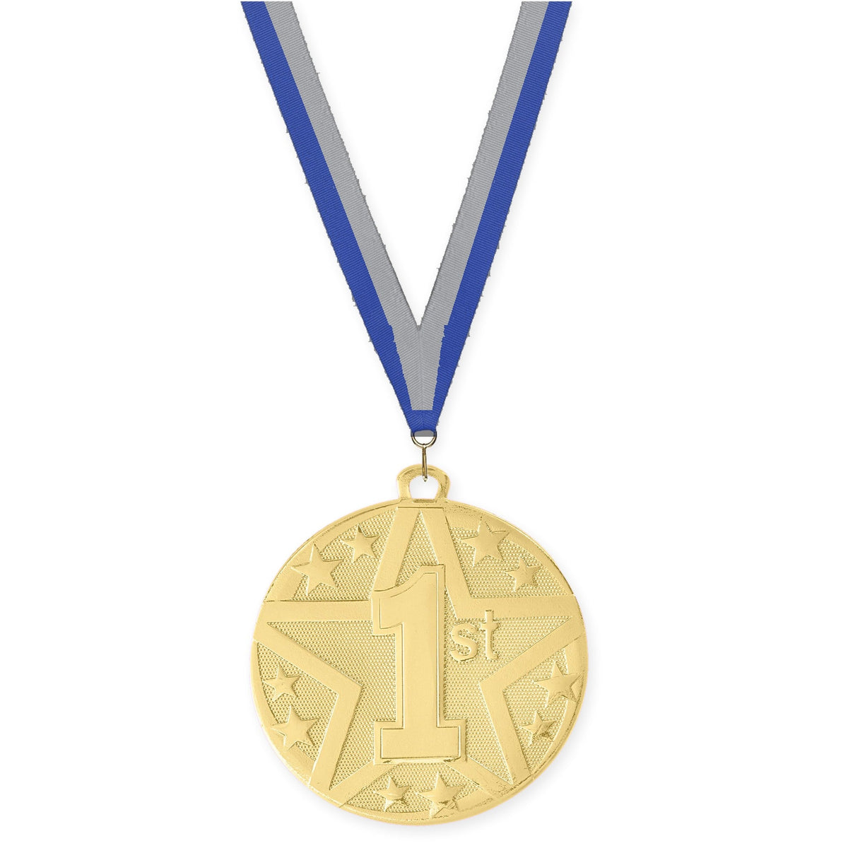 2 inch Place Superstar medal in gold - 1st place with Blue Gray neck ribbon