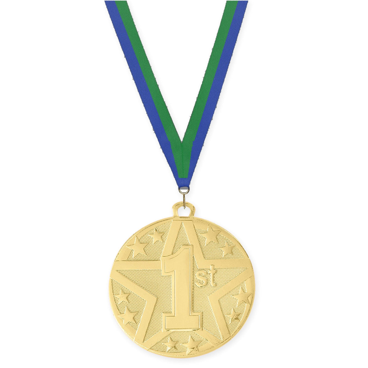 2 inch Place Superstar medal in gold - 1st place with Blue Green neck ribbon