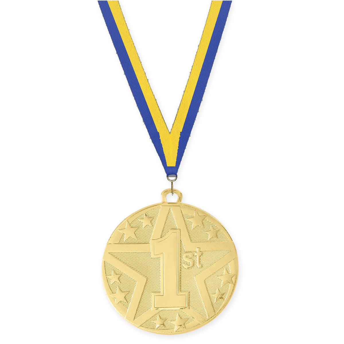 2 inch Place Superstar medal in gold - 1st place with Blue Yellow neck ribbon