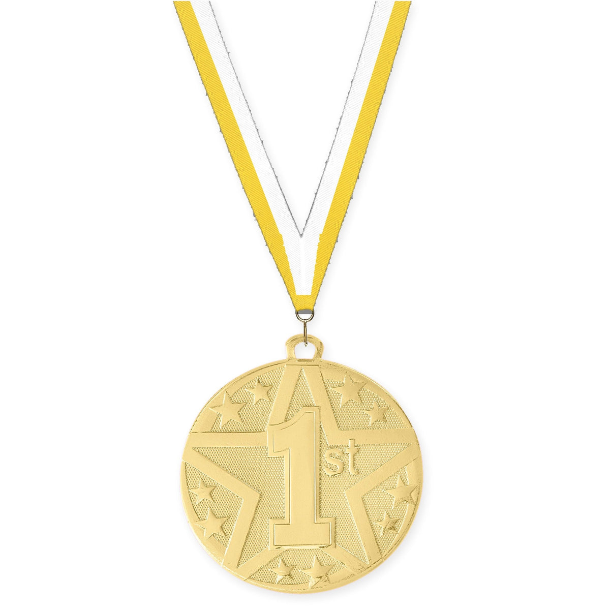 2 inch Place Superstar medal in gold - 1st place with Yellow White neck ribbon