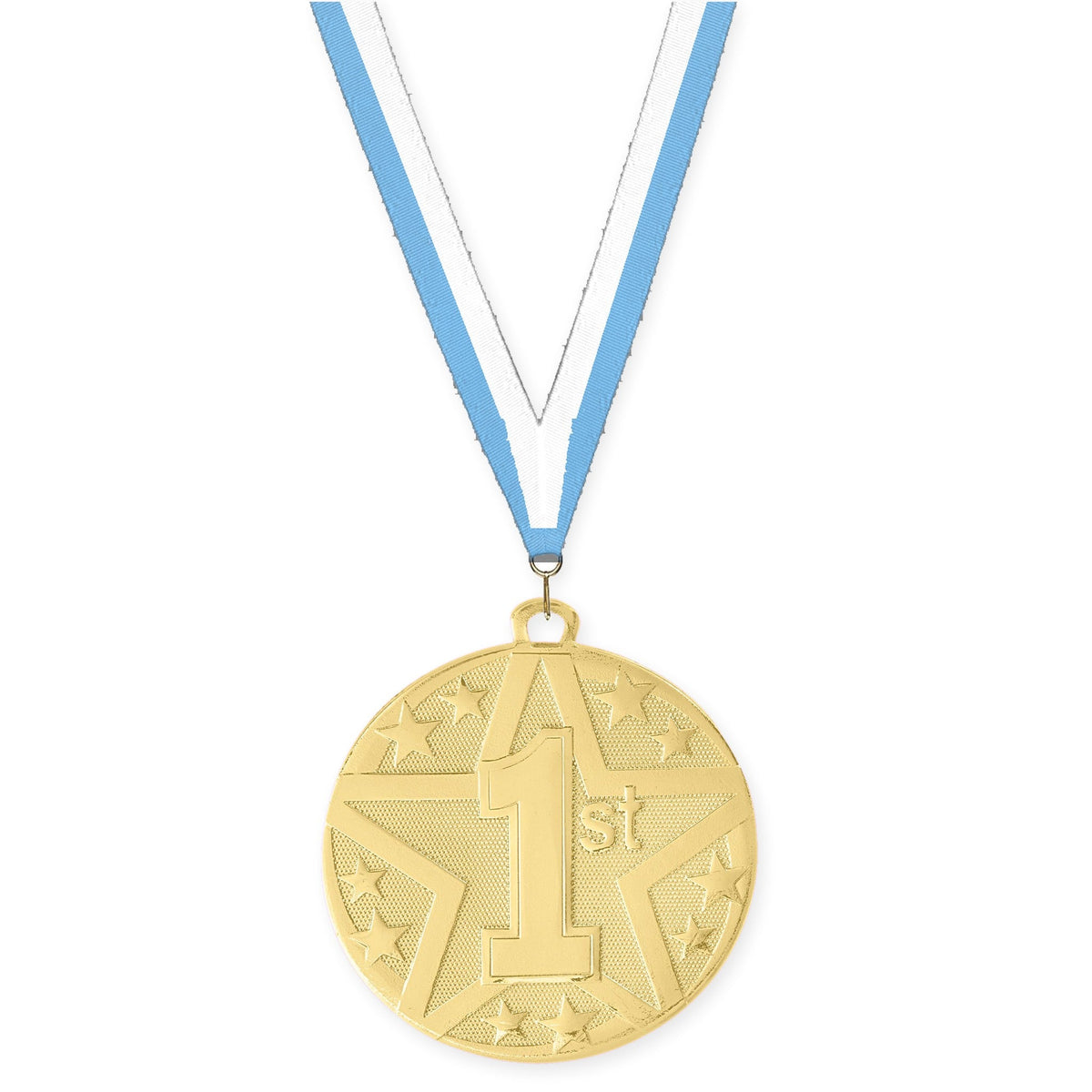 2 inch Place Superstar medal in gold - 1st place with Light Blue White neck ribbon