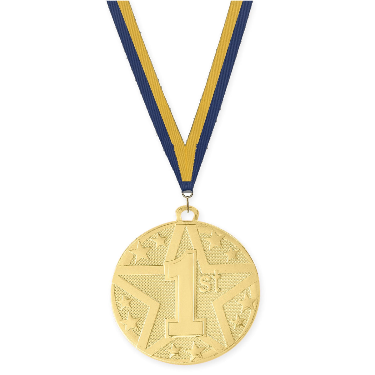 2 inch Place Superstar medal in gold - 1st place with Navy Gold neck ribbon