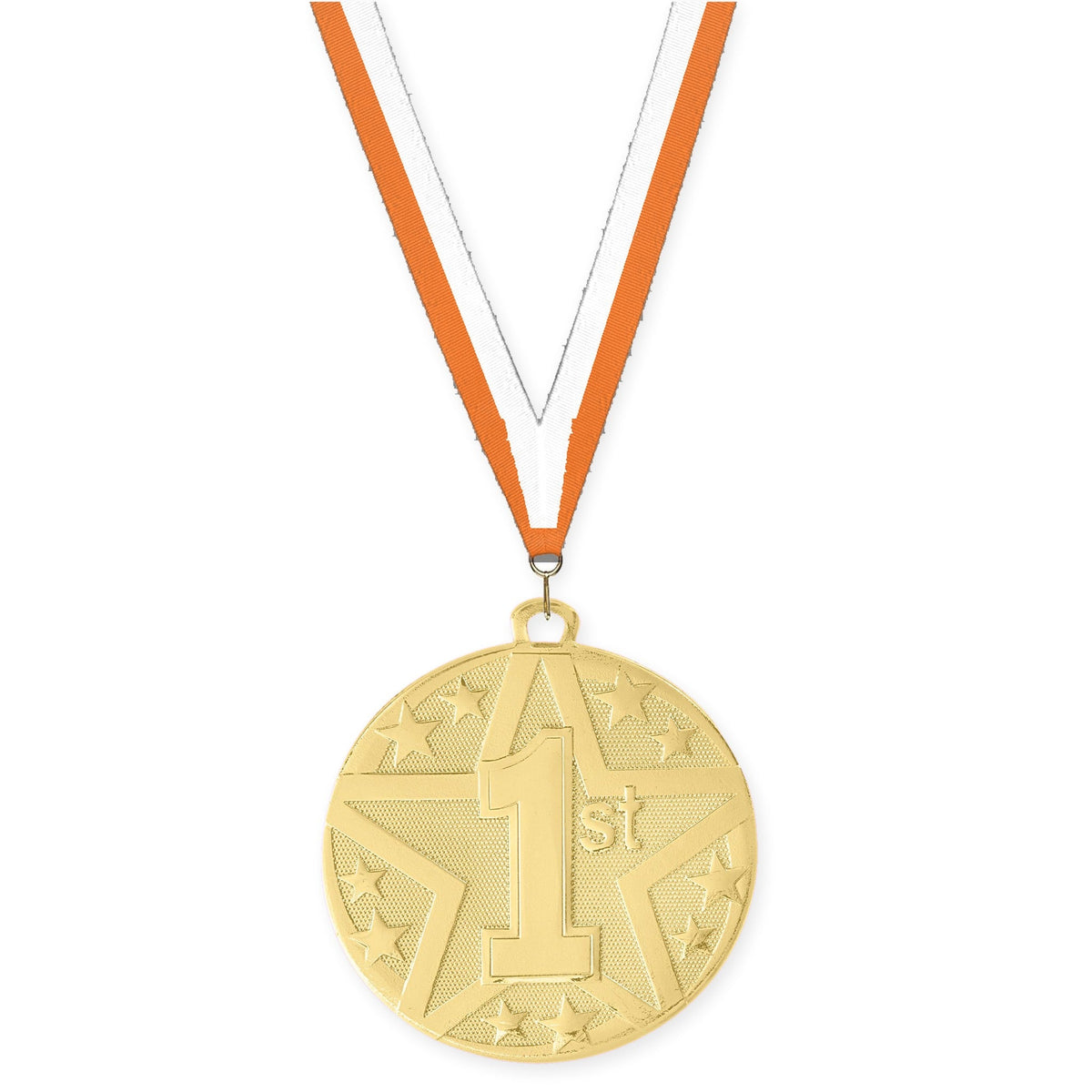 2 inch Place Superstar medal in gold - 1st place with Orange White neck ribbon