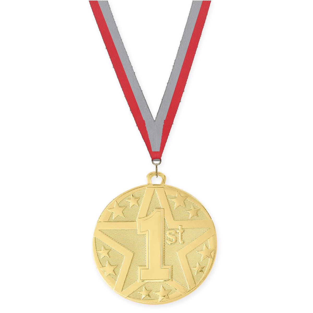 2 inch Place Superstar medal in gold - 1st place with Red Gray neck ribbon