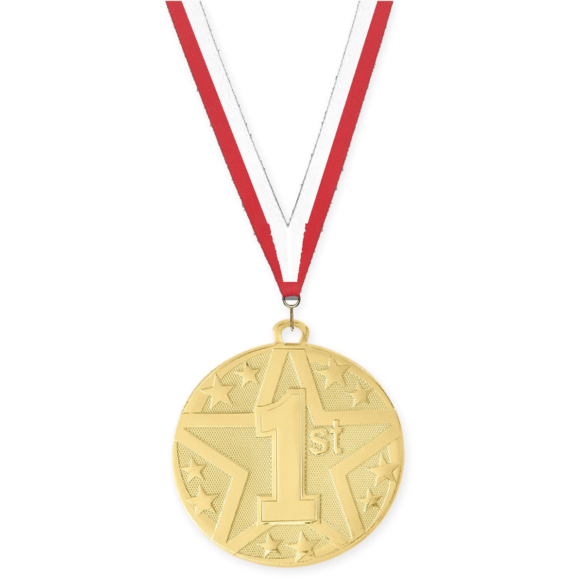 2 inch Place Superstar medal in gold - 1st place with Red White neck ribbon