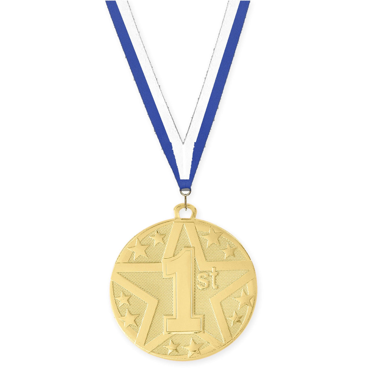 2 inch Place Superstar medal in gold - 1st place with Blue White neck ribbon