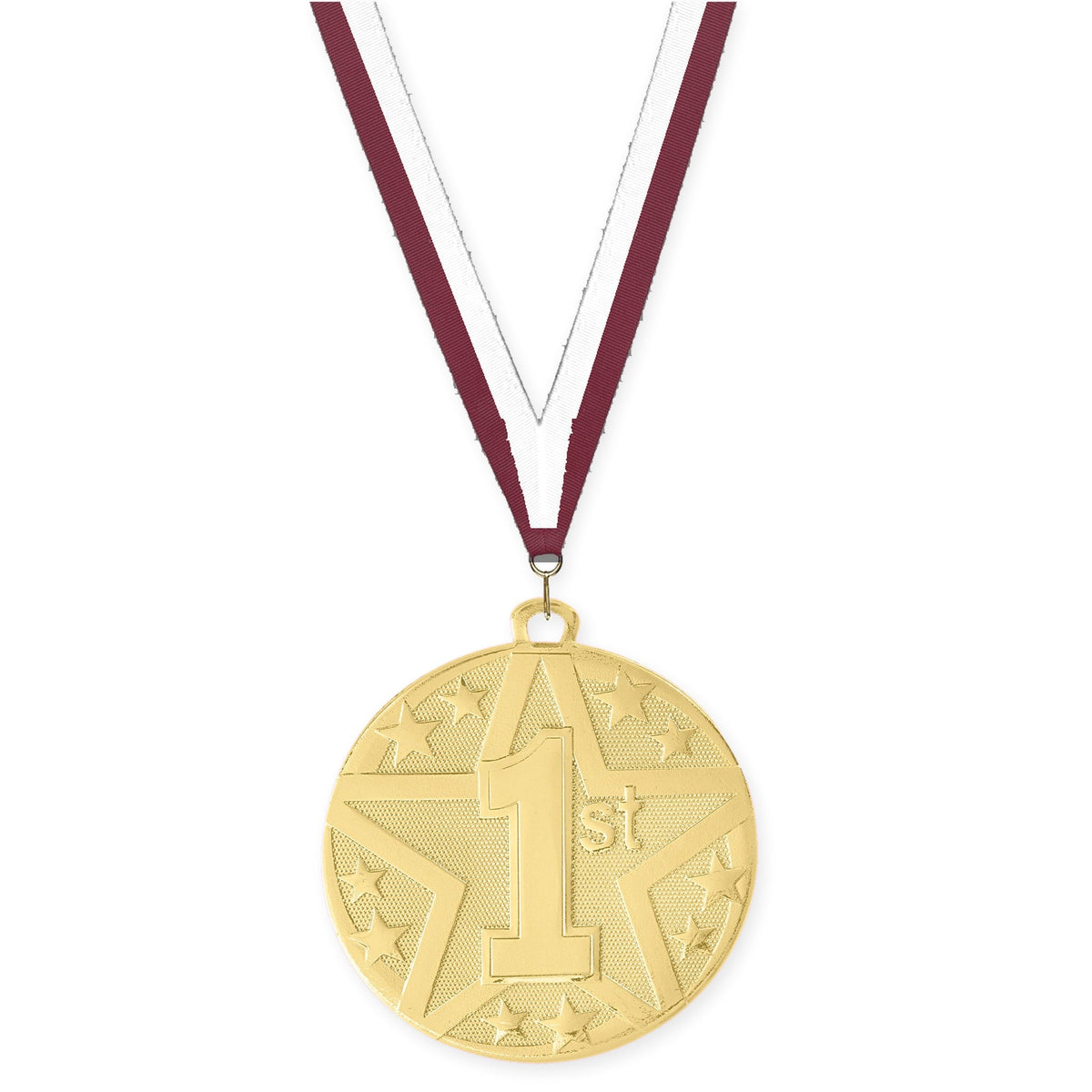 2 inch Place Superstar medal in gold - 1st place with Maroon White neck ribbon