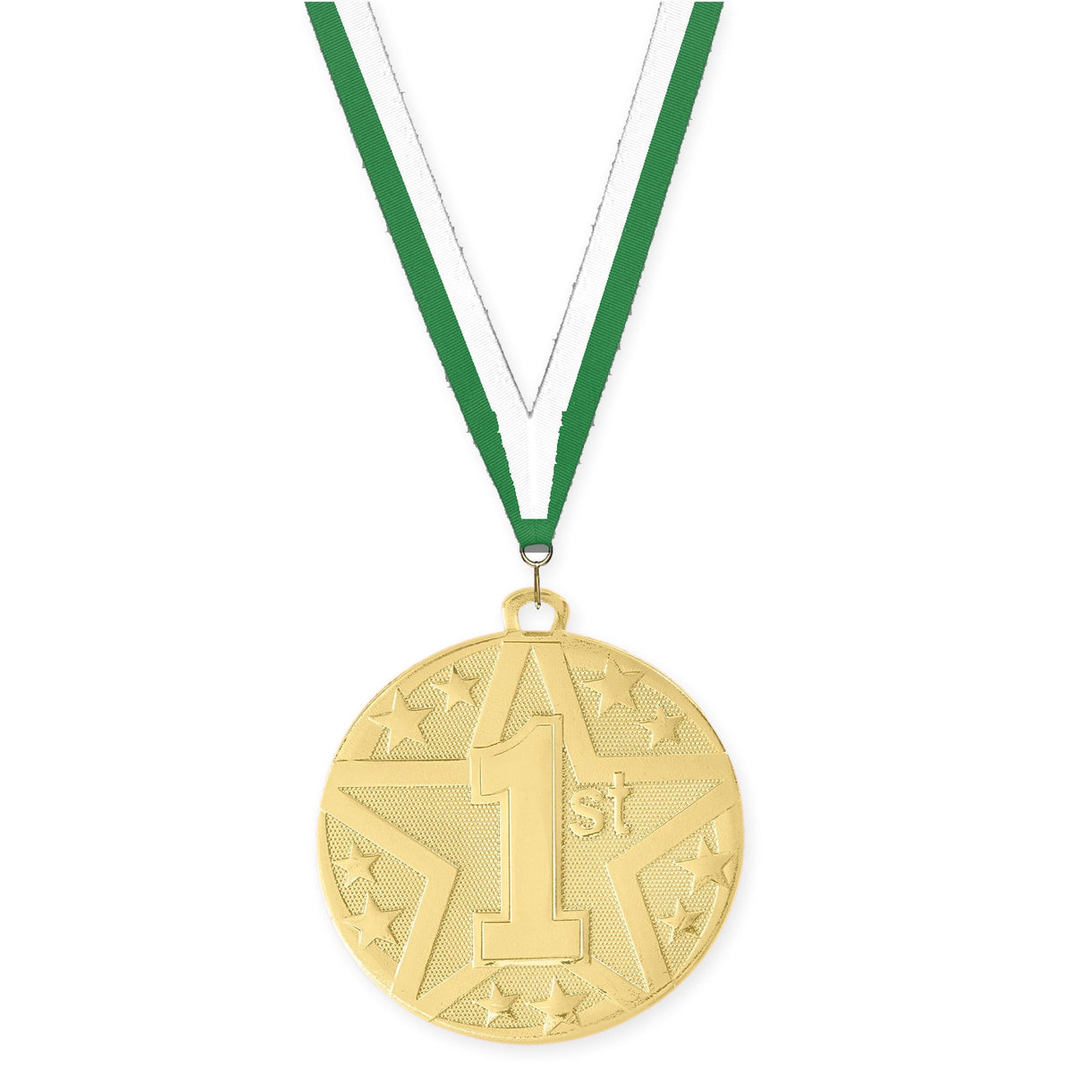 2 inch Place Superstar medal in gold - 1st place with Green White neck ribbon