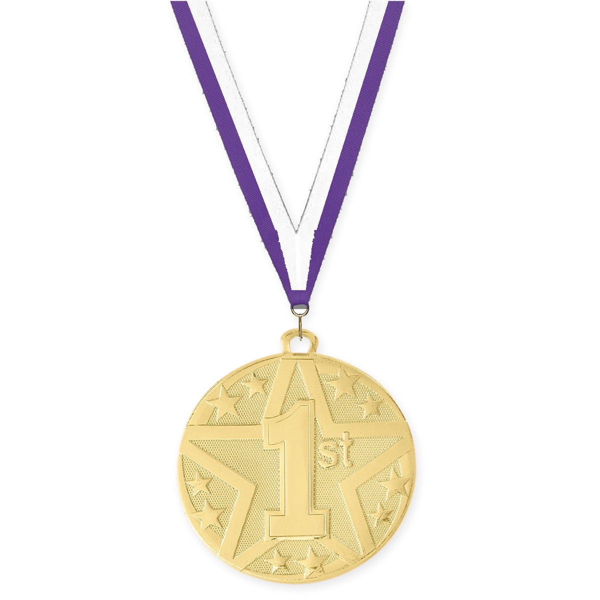 2 inch Place Superstar medal in gold - 1st place with Purple White neck ribbon