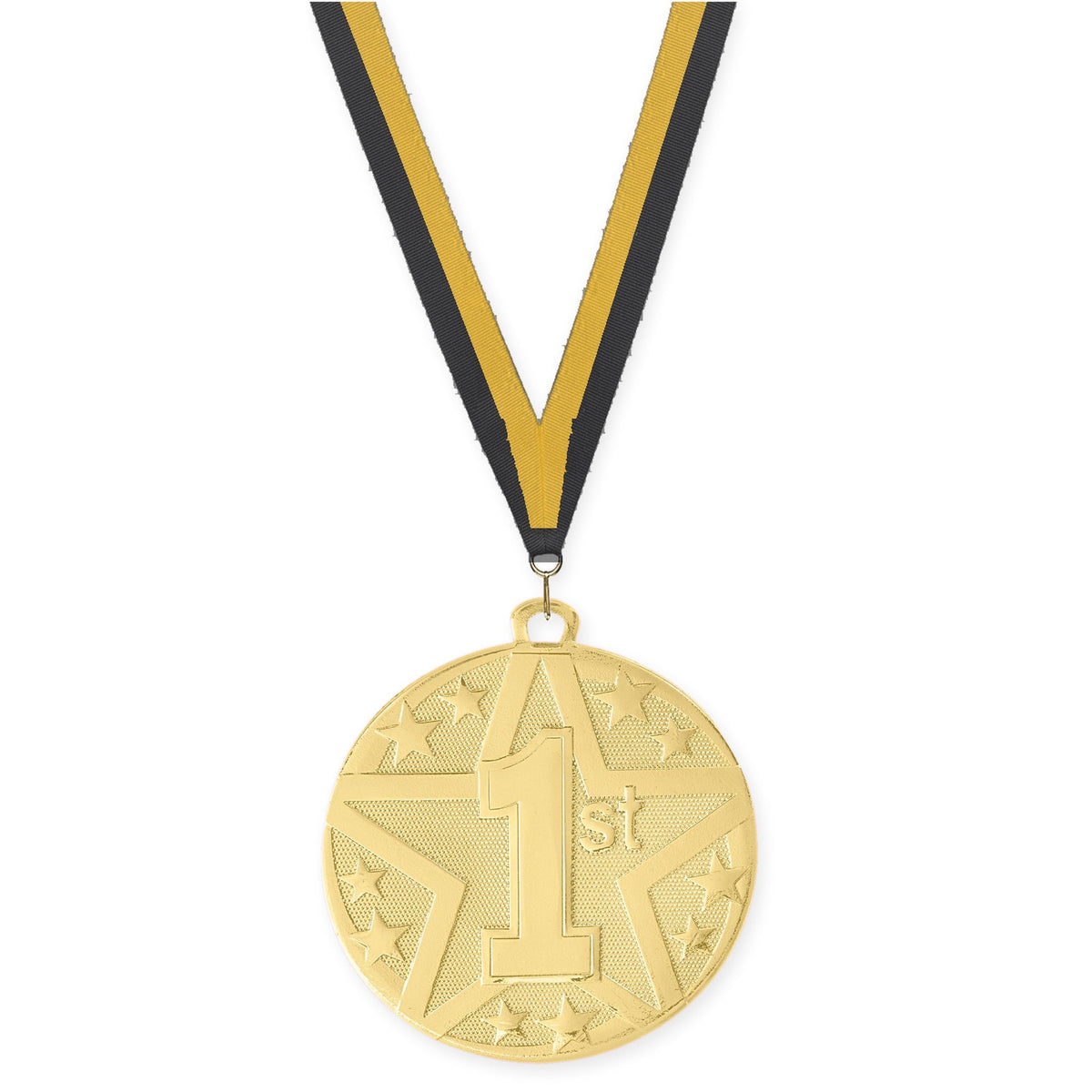2 inch Place Superstar medal in gold - 1st place with Black Gold neck ribbon