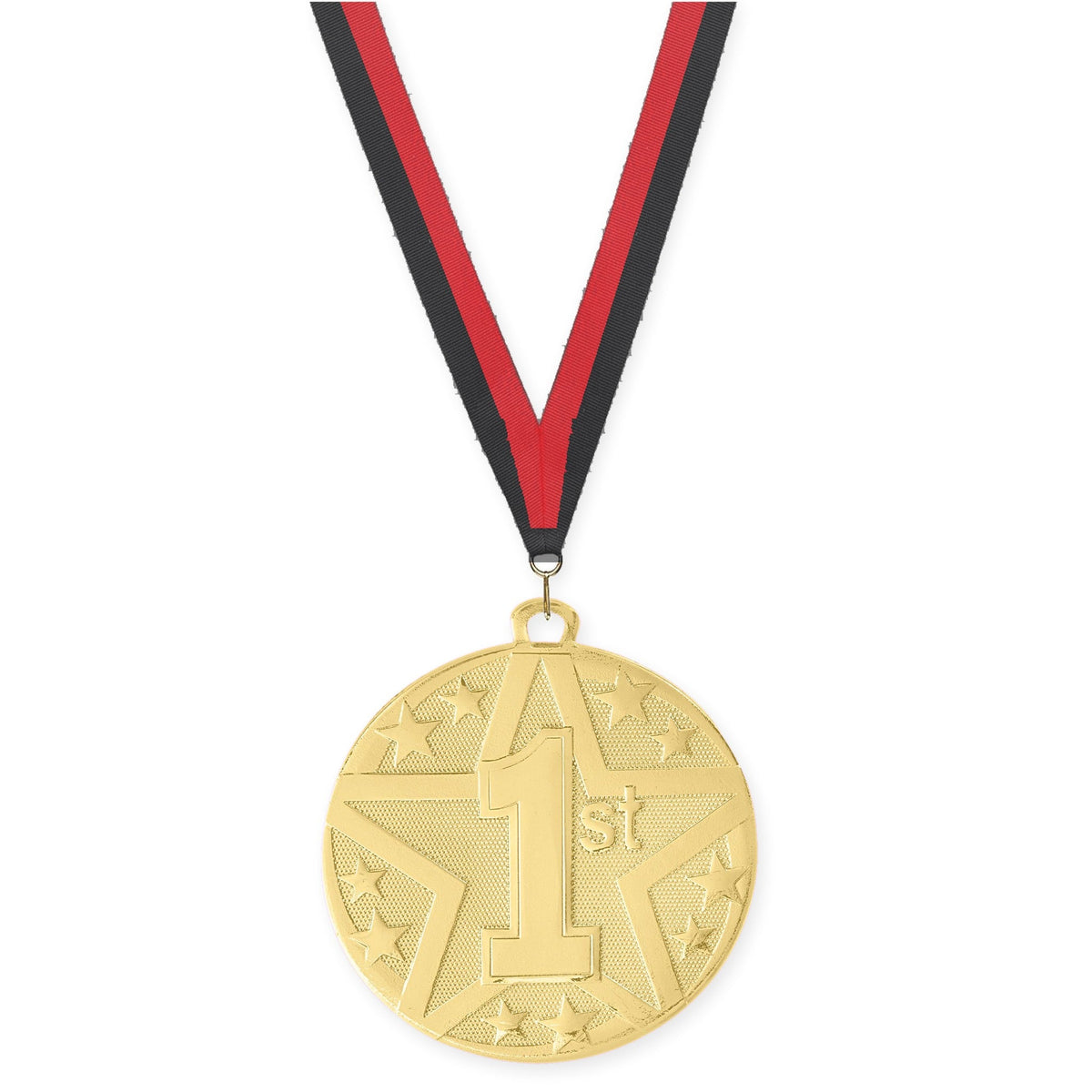 2 inch Place Superstar medal in gold - 1st place with Black Red neck ribbon