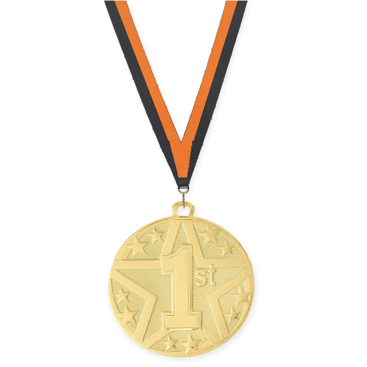 2 inch Place Superstar medal in gold - 1st place with Black Orange neck ribbon