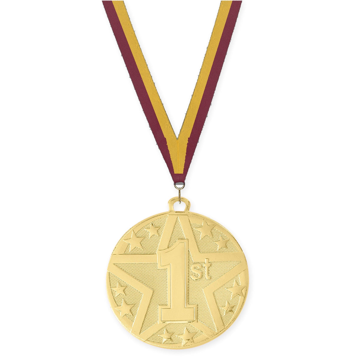 2 inch Place Superstar medal in gold - 1st place with Maroon Gold neck ribbon