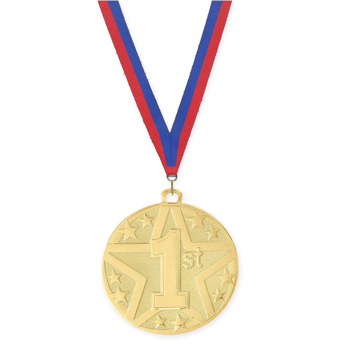 2 inch Place Superstar medal in gold - 1st place with Blue Red neck ribbon