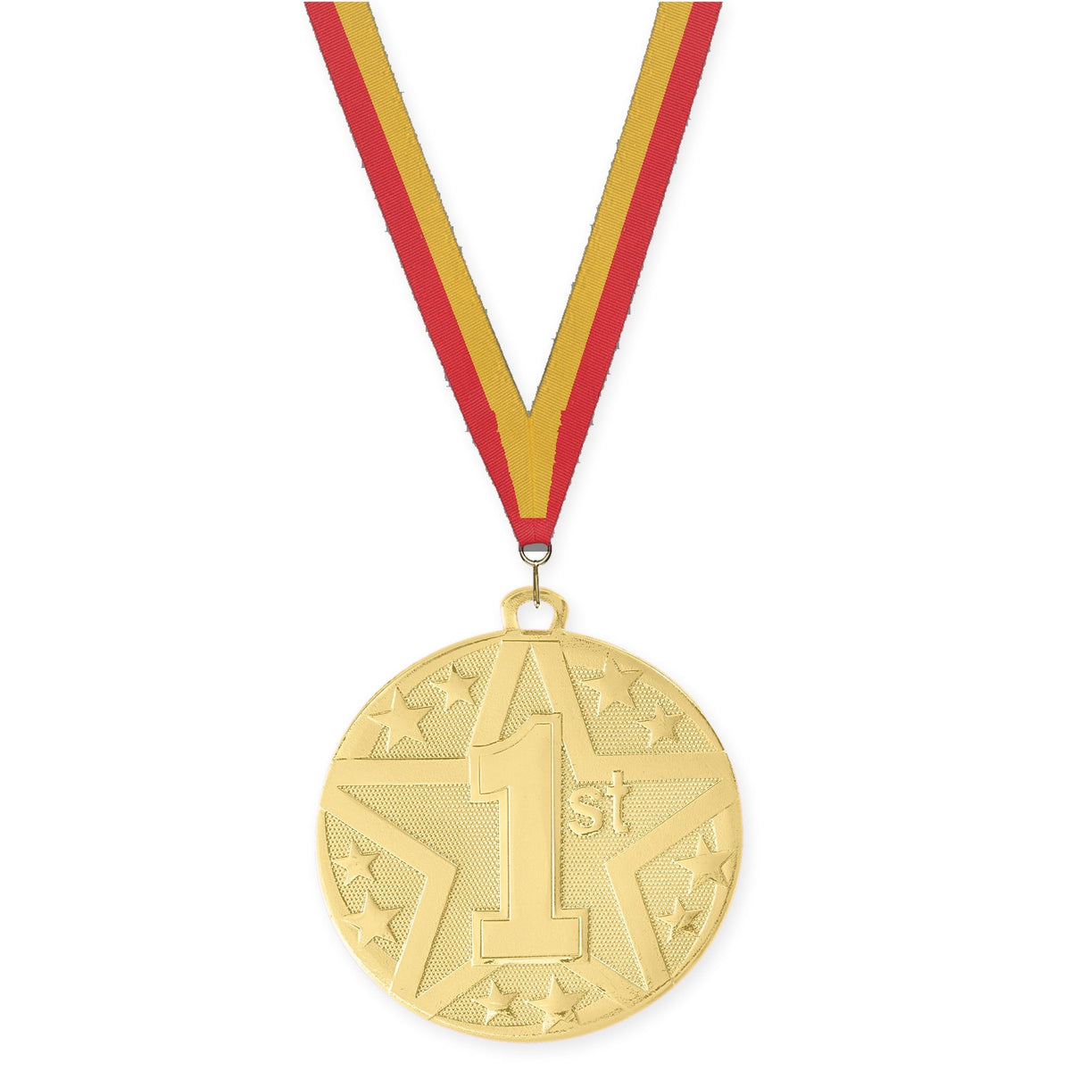2 inch Place Superstar medal in gold - 1st place with Red Gold neck ribbon