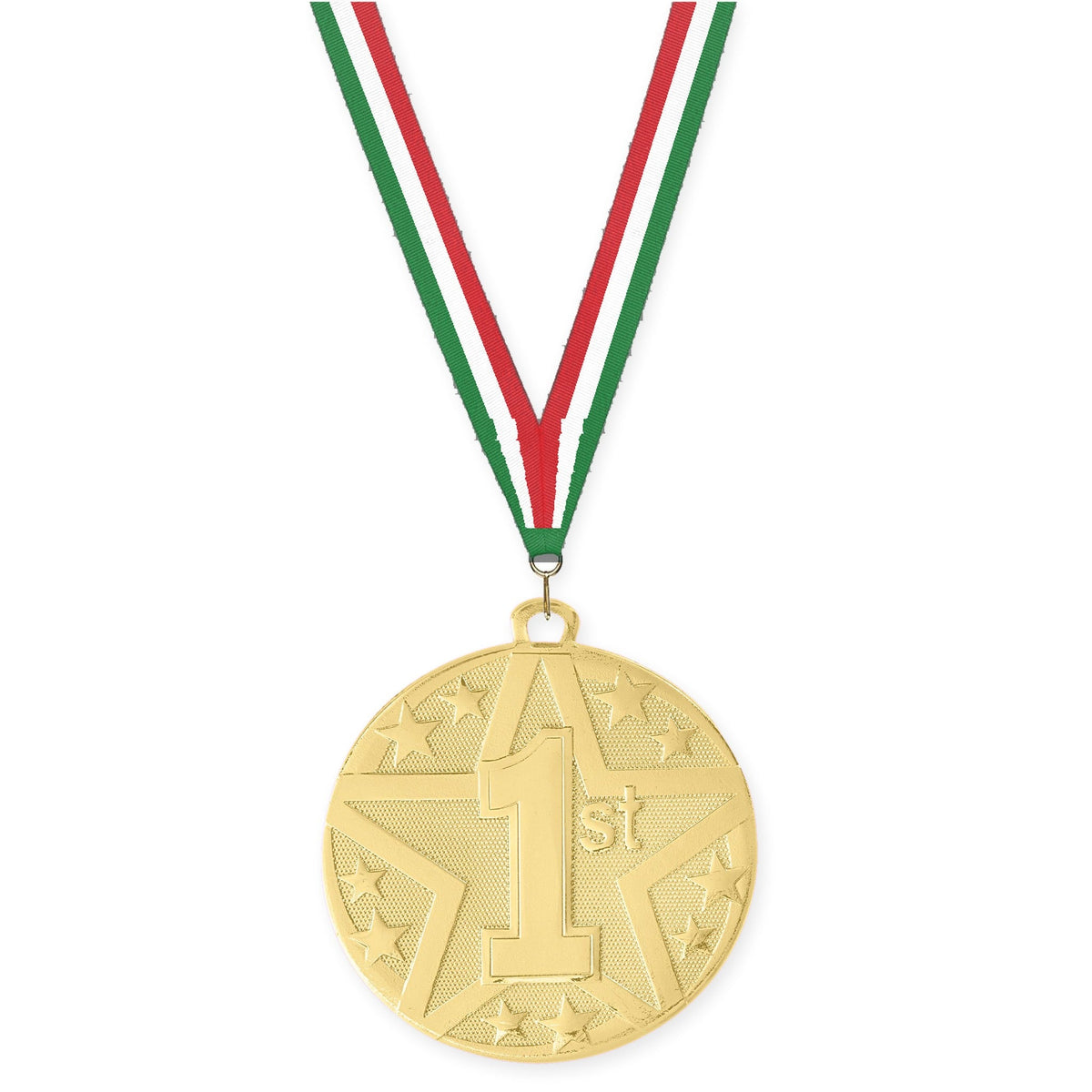 2 inch Place Superstar medal in gold - 1st place with Green White Red neck ribbon