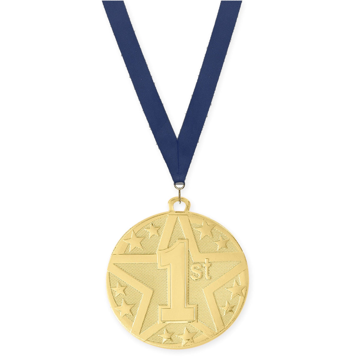 2 inch Place Superstar medal in gold - 1st place with Navy neck ribbon