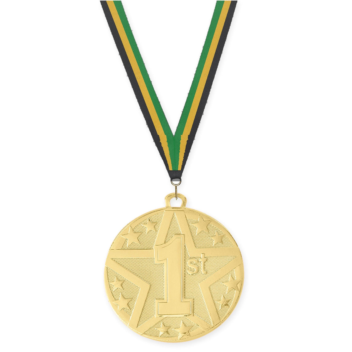 2 inch Place Superstar medal in gold - 1st place with Black Gold Green neck ribbon