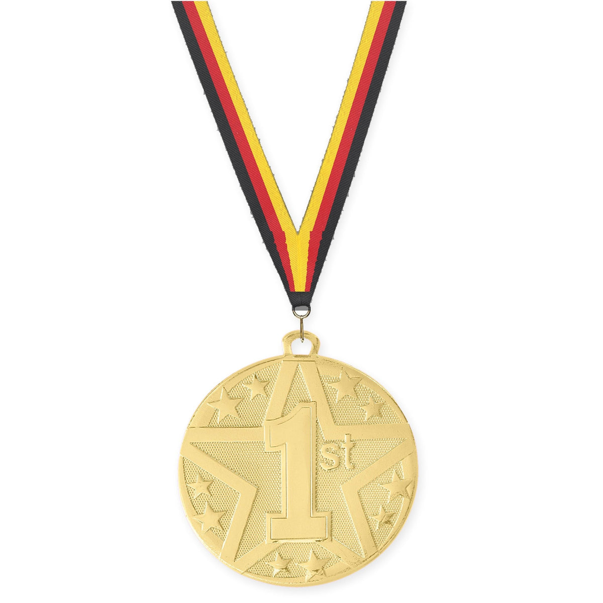 2 inch Place Superstar medal in gold - 1st place with Black Red Yellow neck ribbon