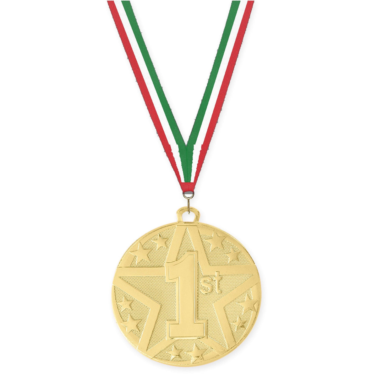 2 inch Place Superstar medal in gold - 1st place with Red White Green neck ribbon
