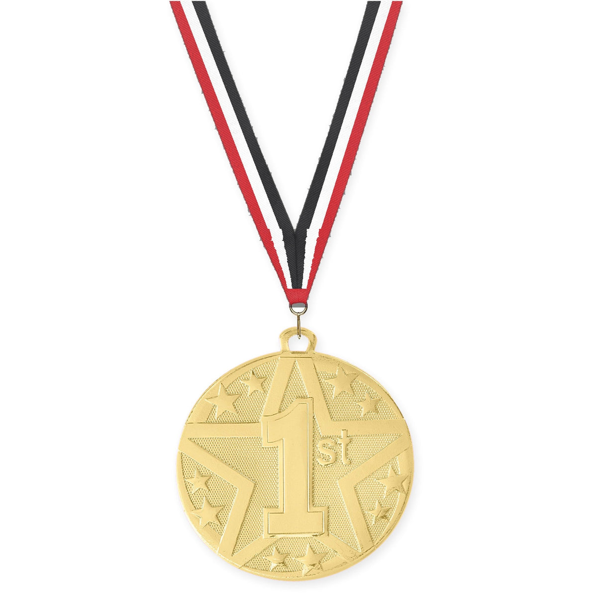 2 inch Place Superstar medal in gold - 1st place with Red White Black neck ribbon