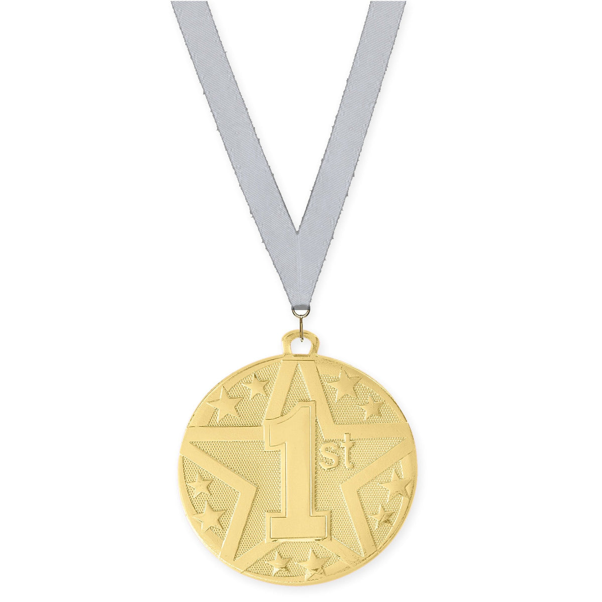 2 inch Place Superstar medal in gold - 1st place with Silver Metallic neck ribbon