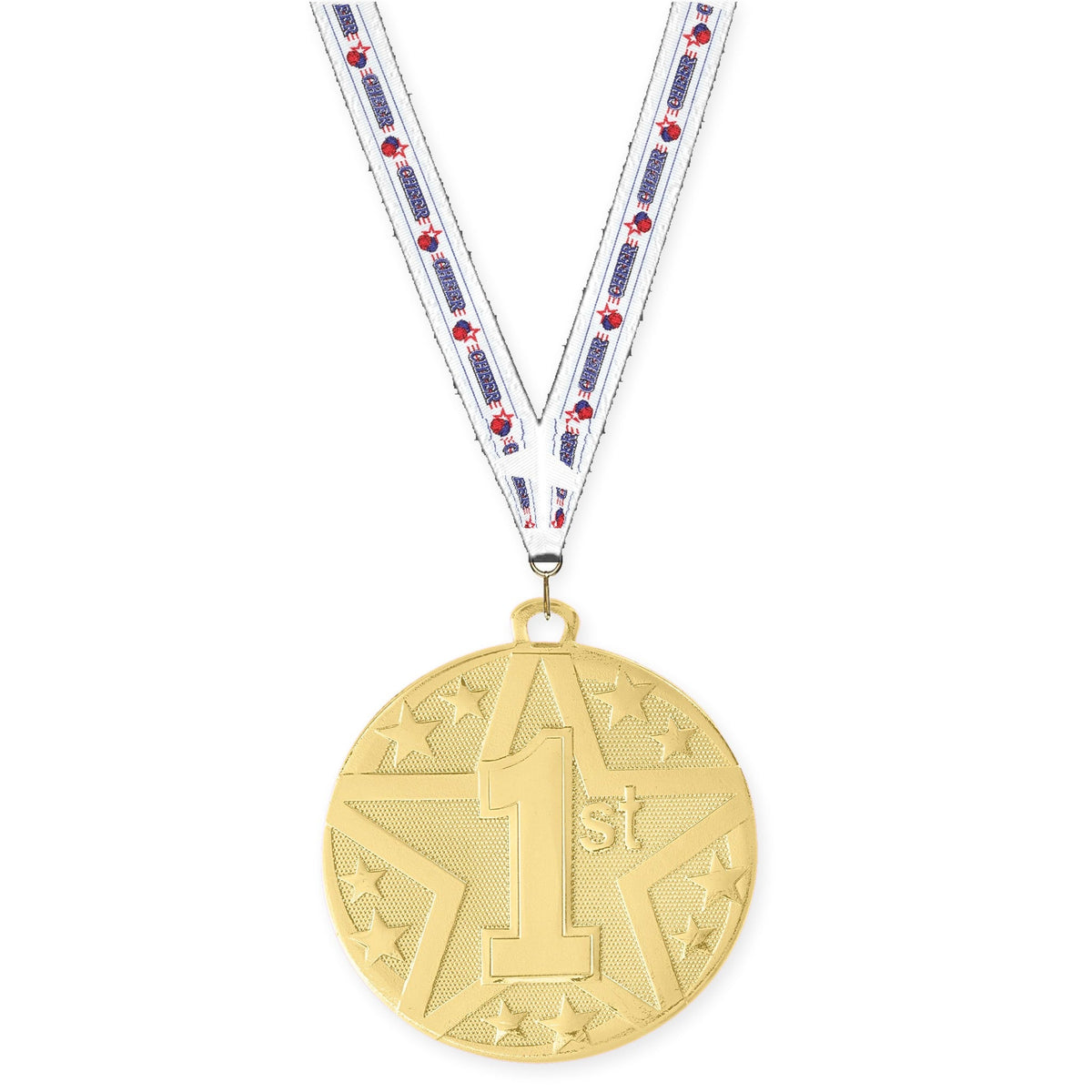 2 inch Place Superstar medal in gold - 1st place with Cheerleading neck ribbon