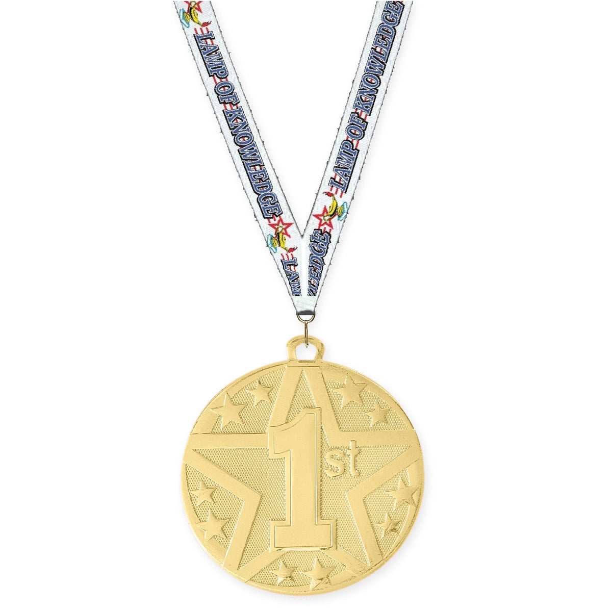 2 inch Place Superstar medal in gold - 1st place with Lamp Of Knowledge neck ribbon