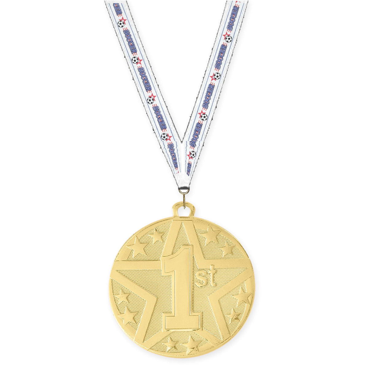 2 inch Place Superstar medal in gold - 1st place with Soccer neck ribbon