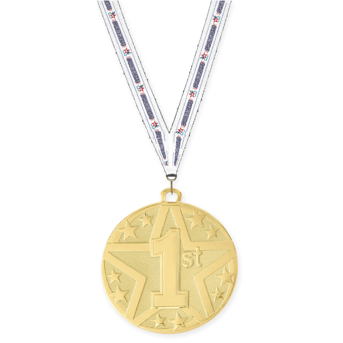 2 inch Place Superstar medal in gold - 1st place with Swimming neck ribbon