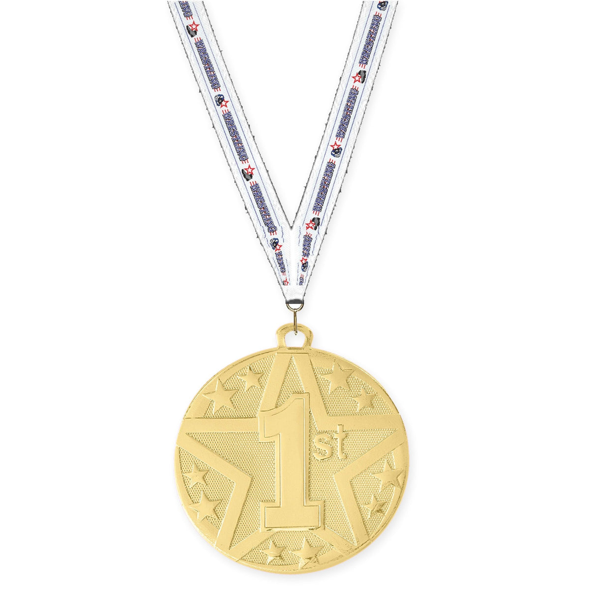 2 inch Place Superstar medal in gold - 1st place with Wrestling neck ribbon