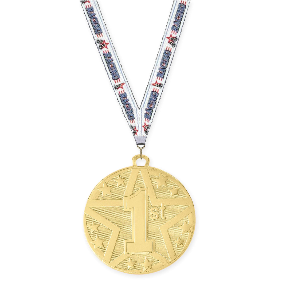 2 inch Place Superstar medal in gold - 1st place with Auto Racing neck ribbon