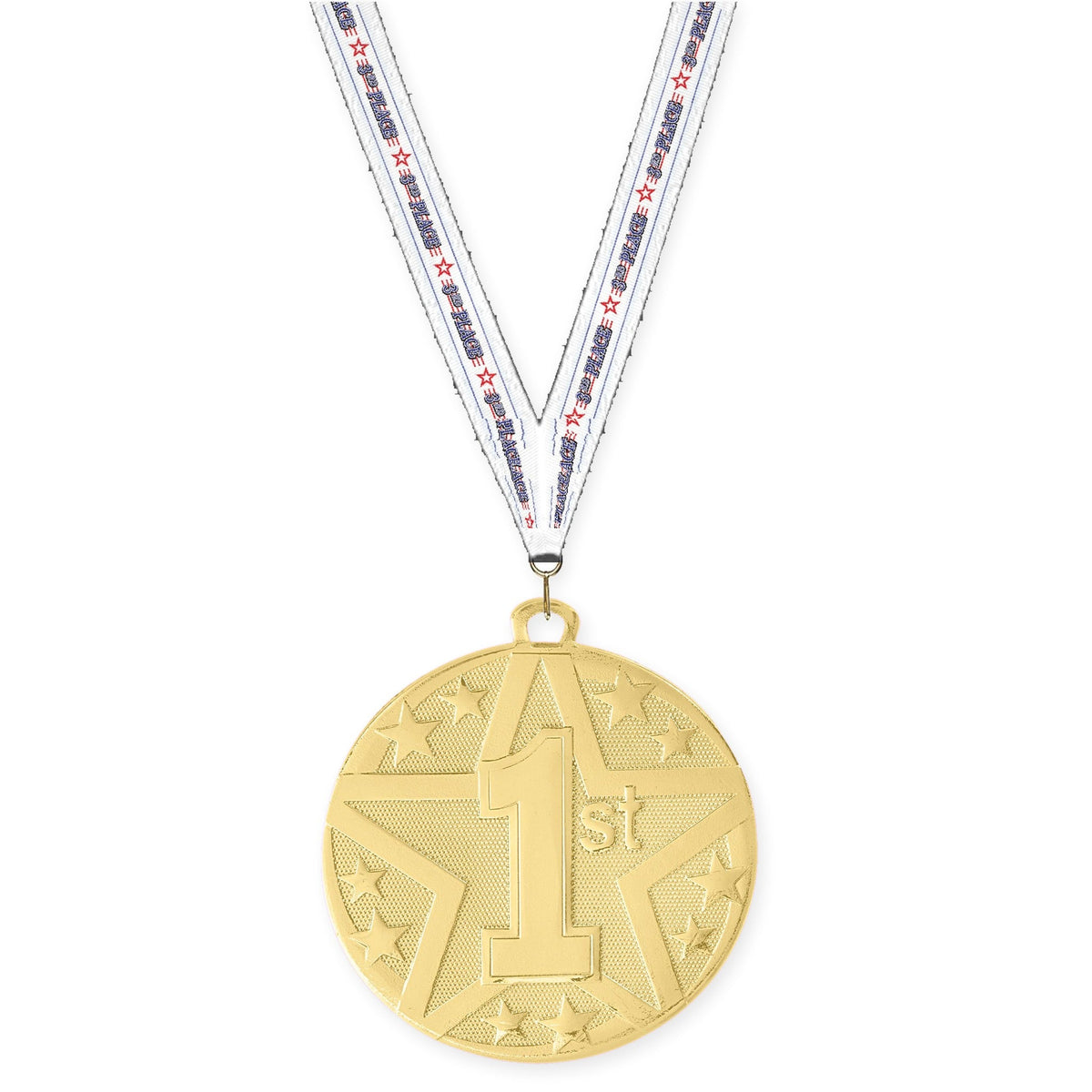 2 inch Place Superstar medal in gold - 1st place with 3rd Place neck ribbon