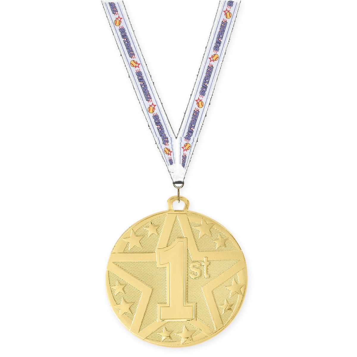 2 inch Place Superstar medal in gold - 1st place with Softball neck ribbon