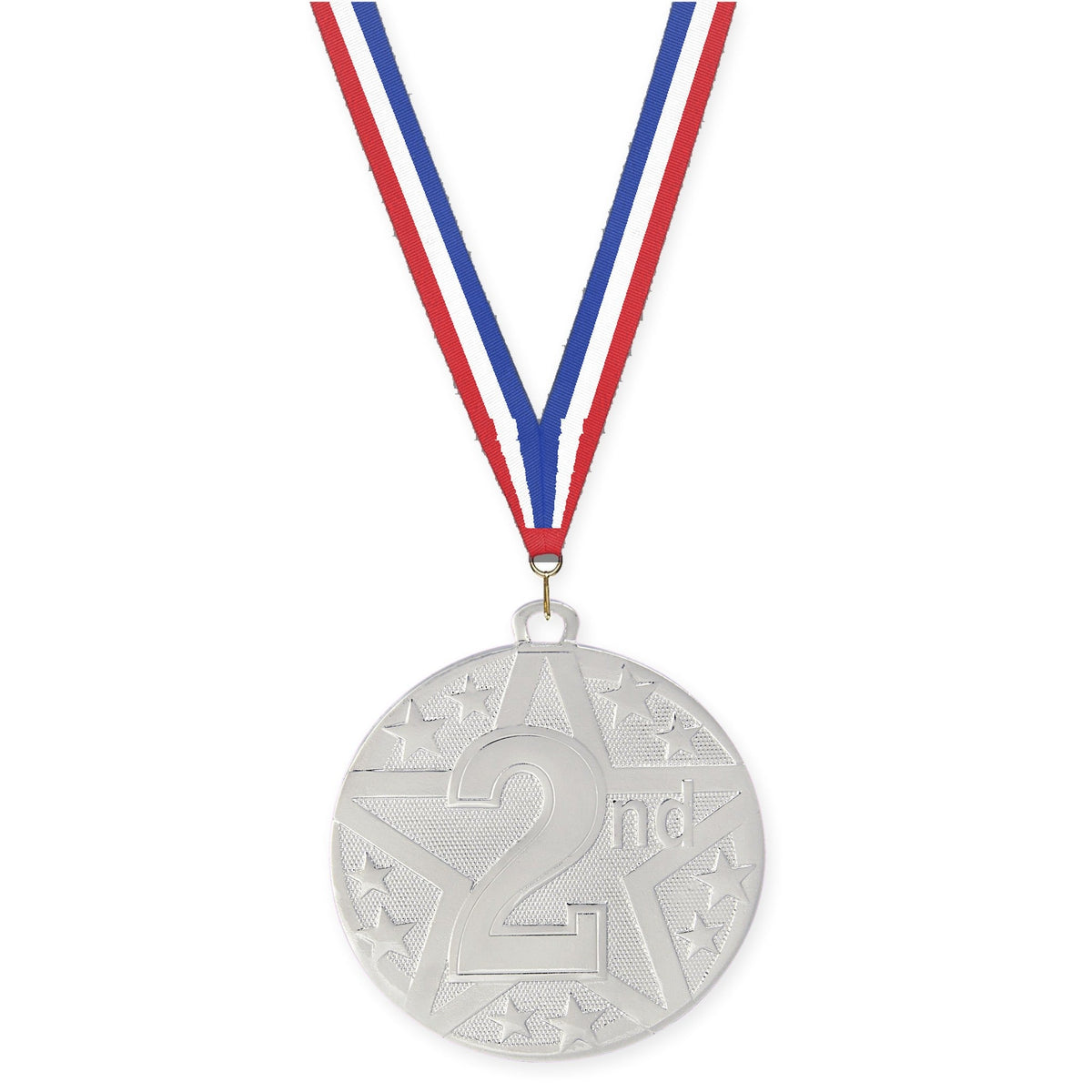 2 inch Place Superstar medal in silver - 2nd place with Red White Blue neck ribbon