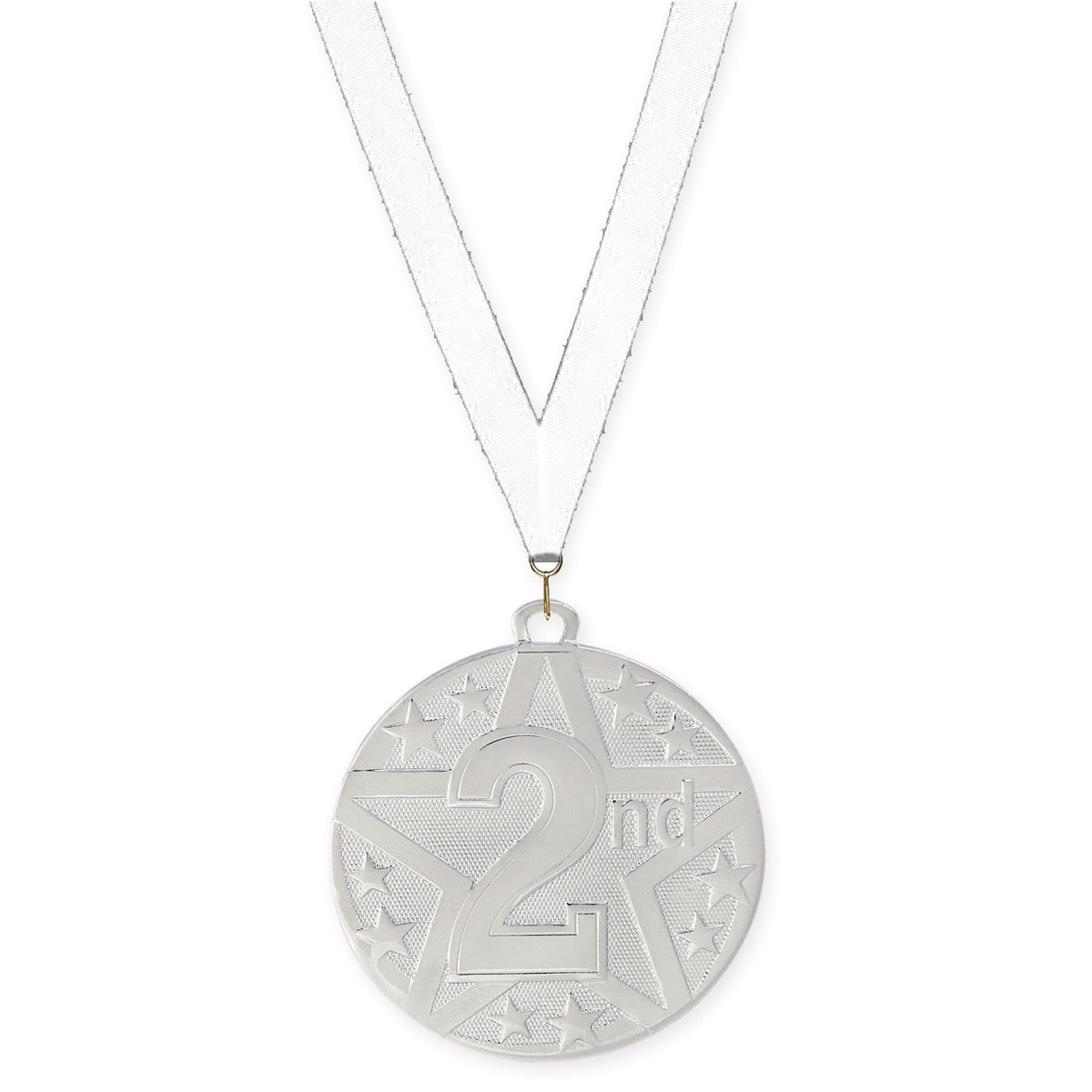 2 inch Place Superstar medal in silver - 2nd place with White neck ribbon