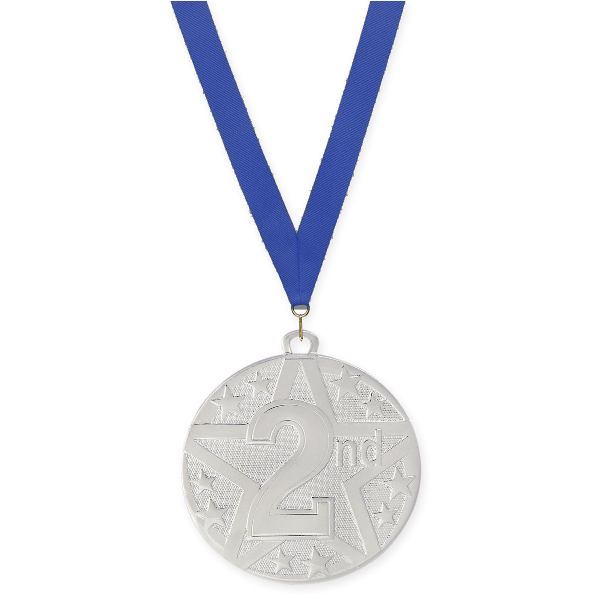 2 inch Place Superstar medal in silver - 2nd place with Blue neck ribbon