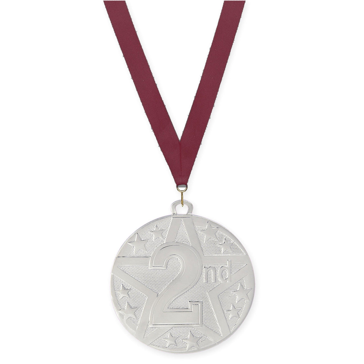 2 inch Place Superstar medal in silver - 2nd place with Maroon neck ribbon