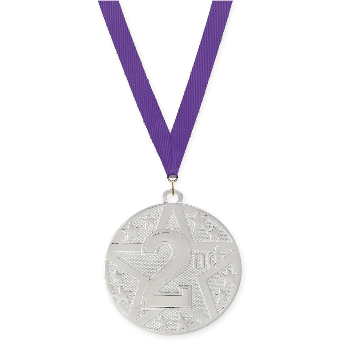 2 inch Place Superstar medal in silver - 2nd place with Purple neck ribbon