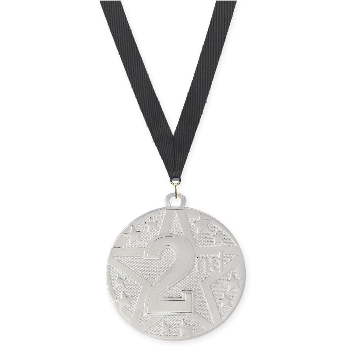 2 inch Place Superstar medal in silver - 2nd place with Black neck ribbon