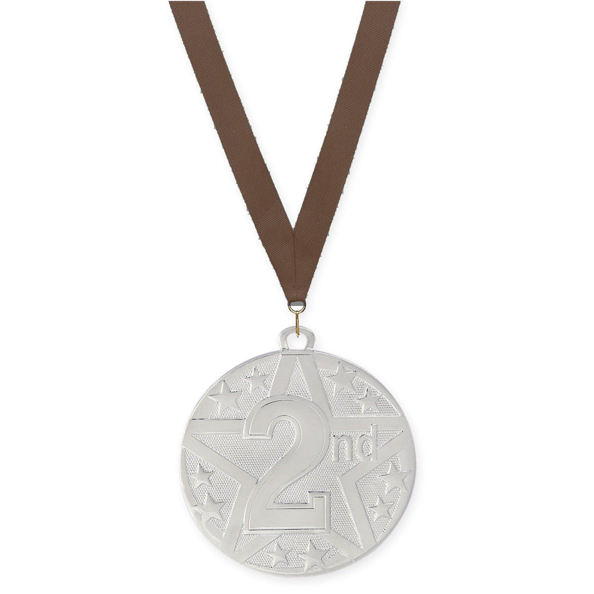 2 inch Place Superstar medal in silver - 2nd place with Brown neck ribbon