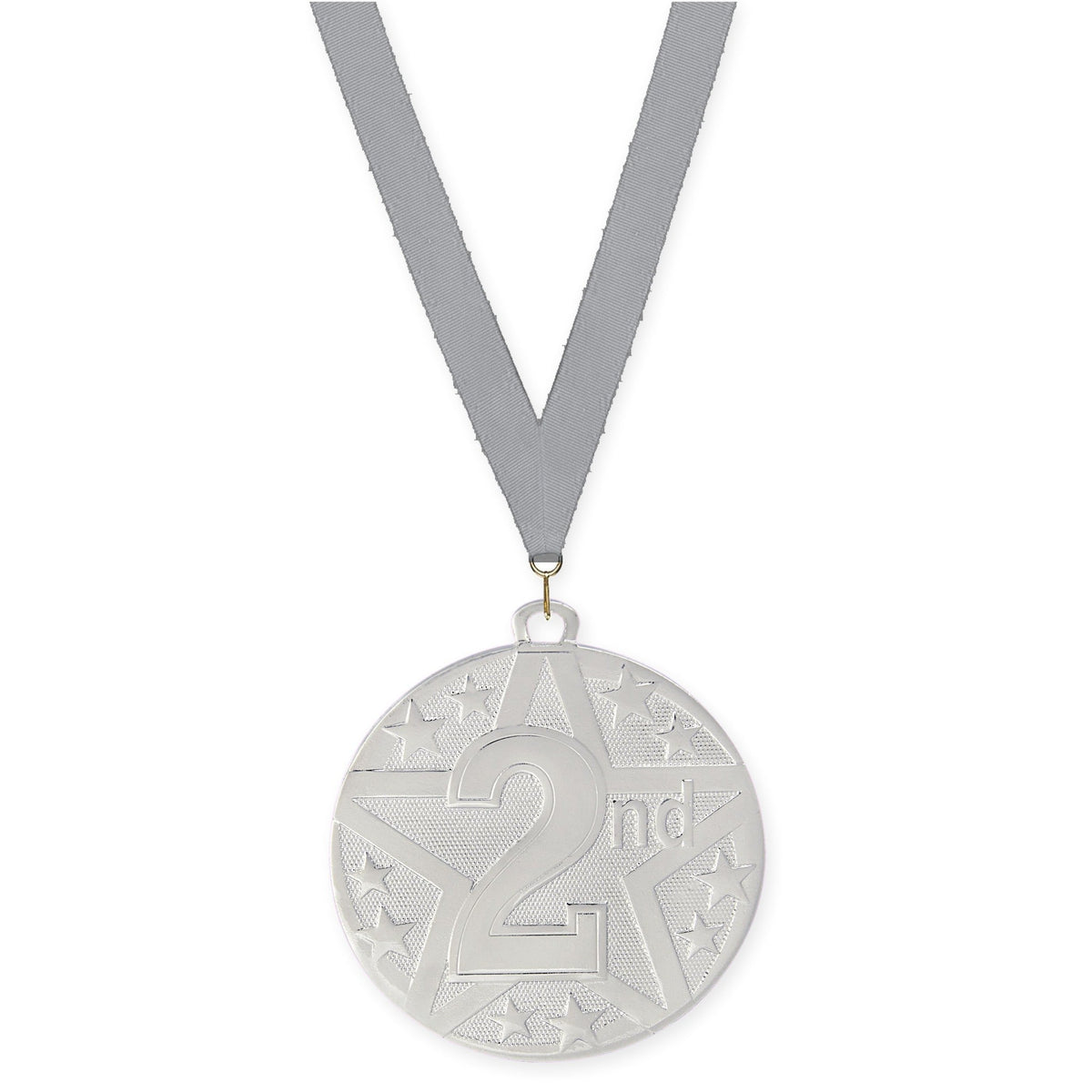 2 inch Place Superstar medal in silver - 2nd place with Gray neck ribbon