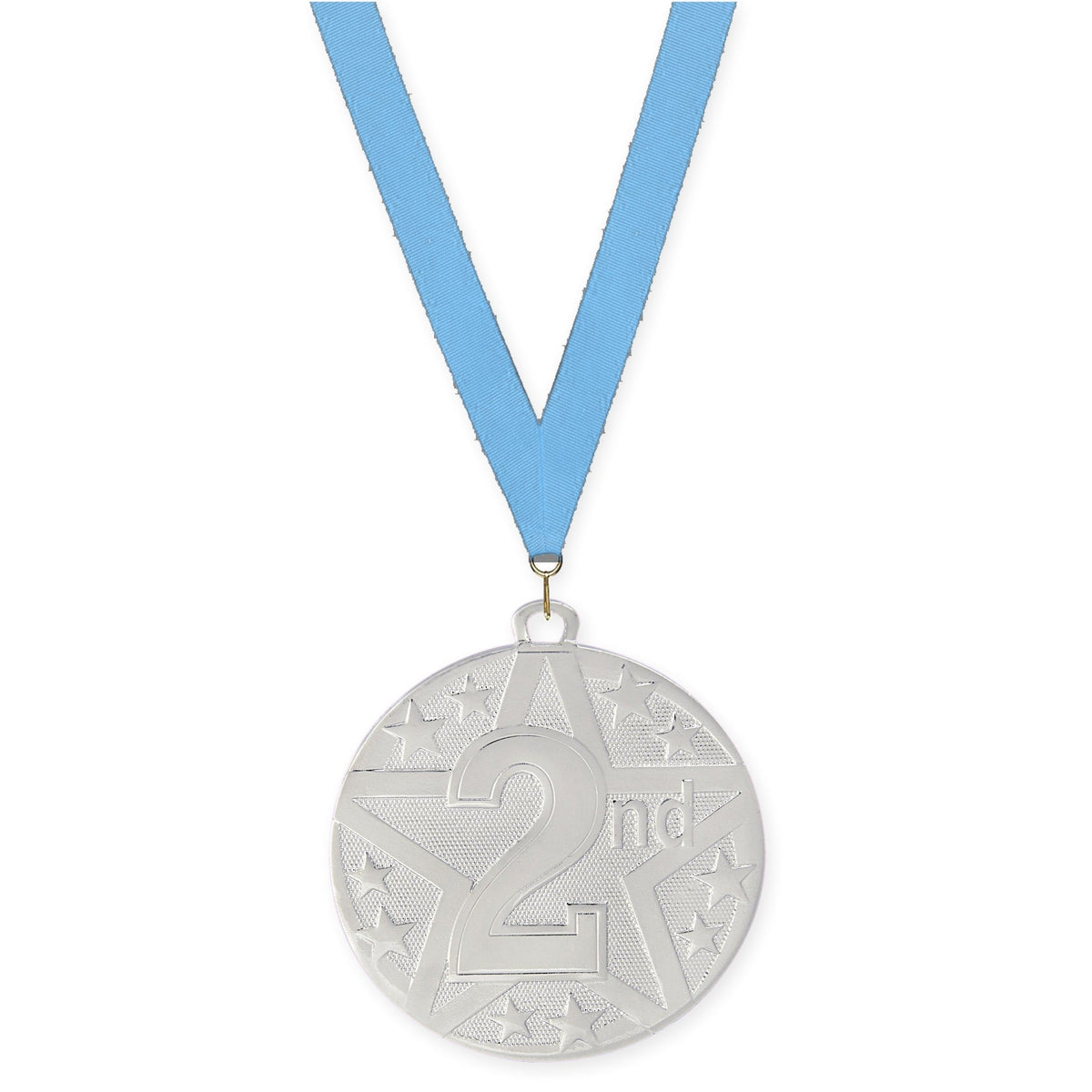2 inch Place Superstar medal in silver - 2nd place with Light Blue neck ribbon