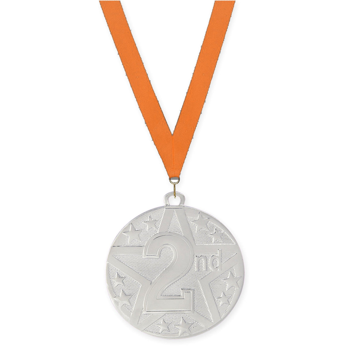 2 inch Place Superstar medal in silver - 2nd place with Orange neck ribbon