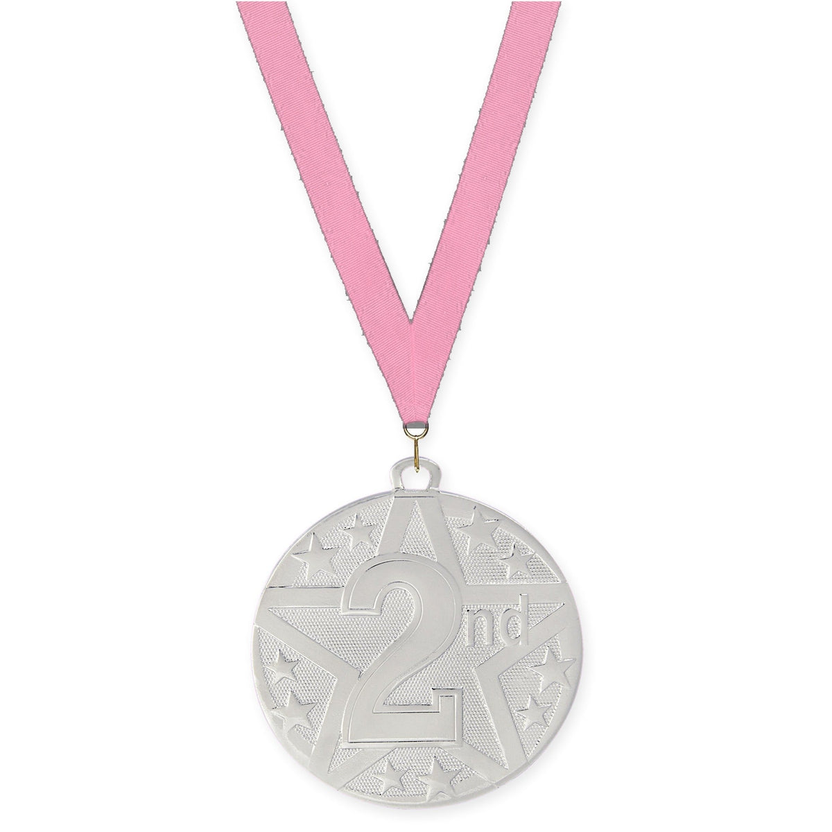 2 inch Place Superstar medal in silver - 2nd place with Pink neck ribbon