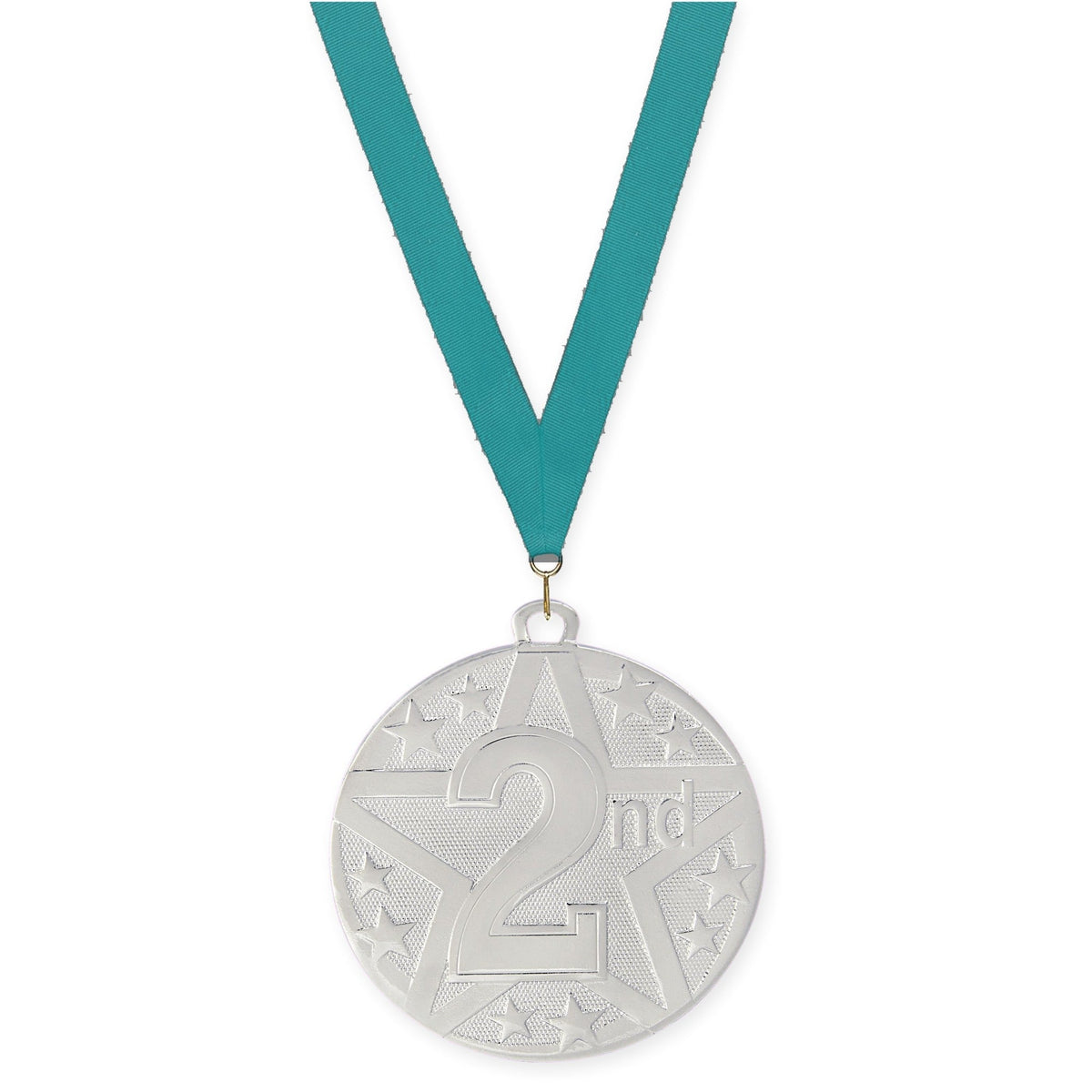 2 inch Place Superstar medal in silver - 2nd place with Teal neck ribbon