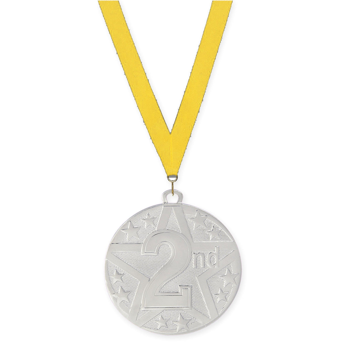 2 inch Place Superstar medal in silver - 2nd place with Yellow neck ribbon