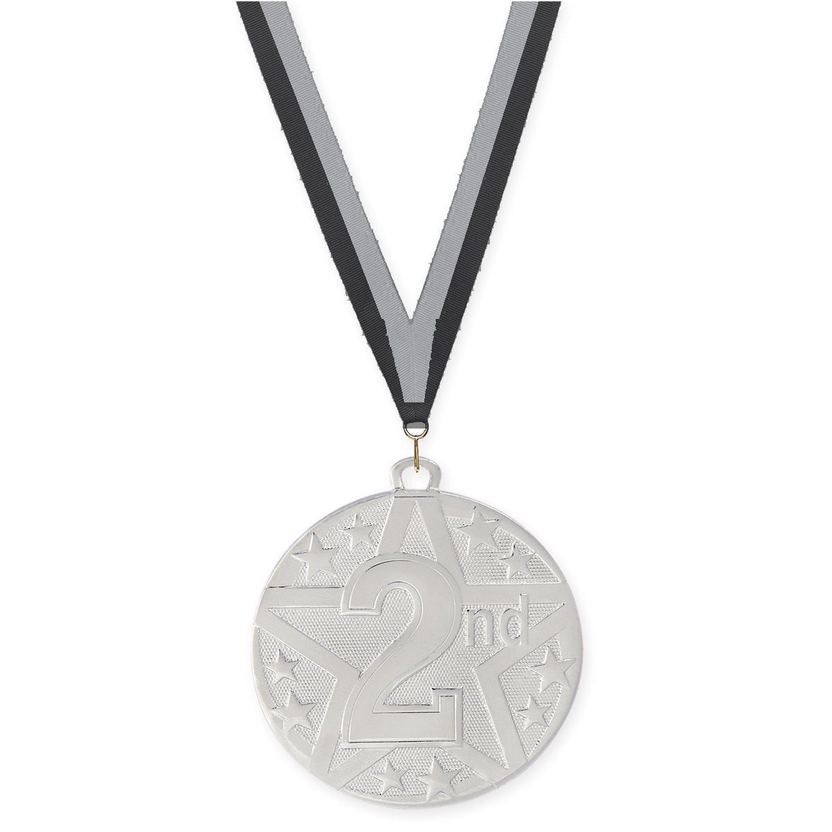2 inch Place Superstar medal in silver - 2nd place with Black Gray neck ribbon