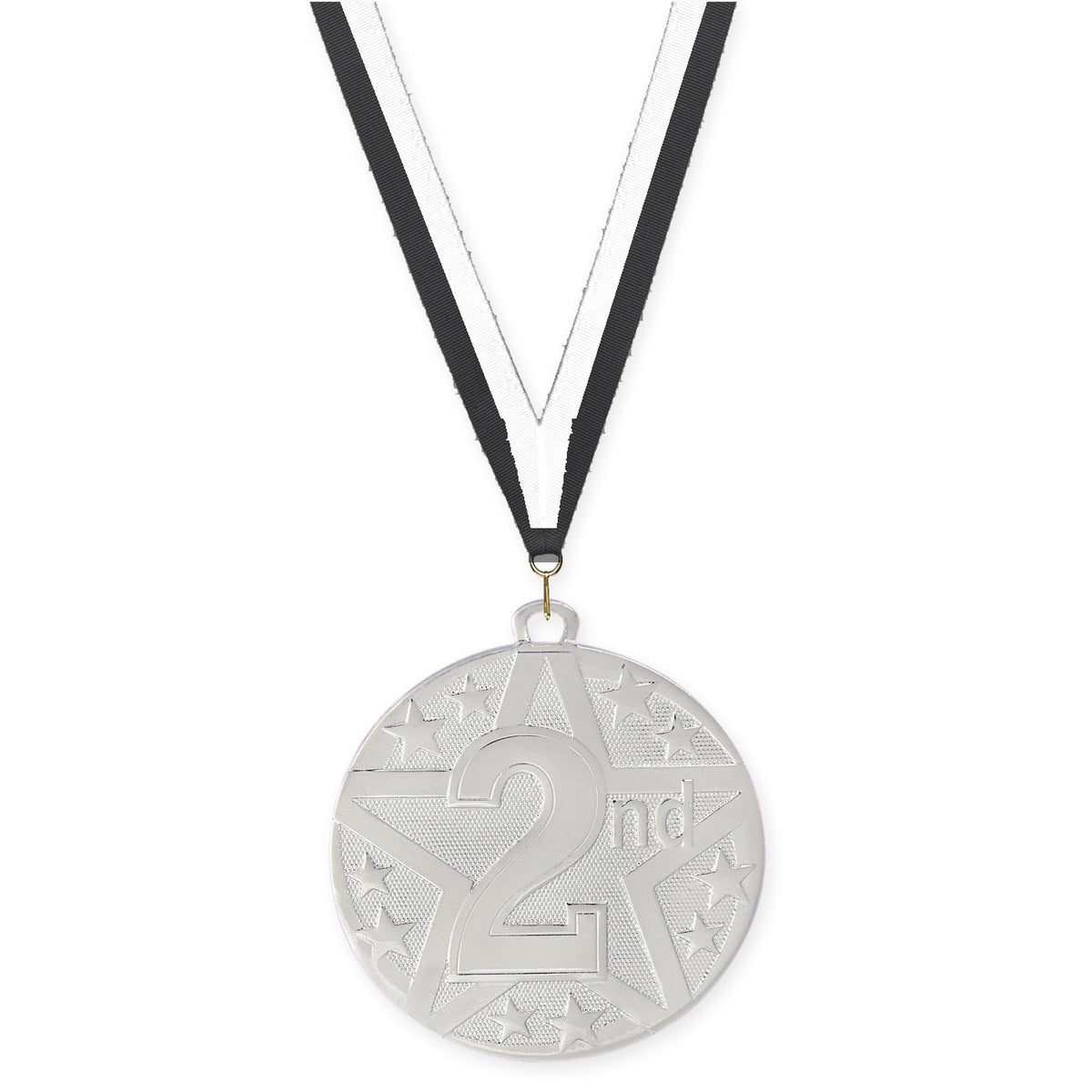 2 inch Place Superstar medal in silver - 2nd place with Black White neck ribbon