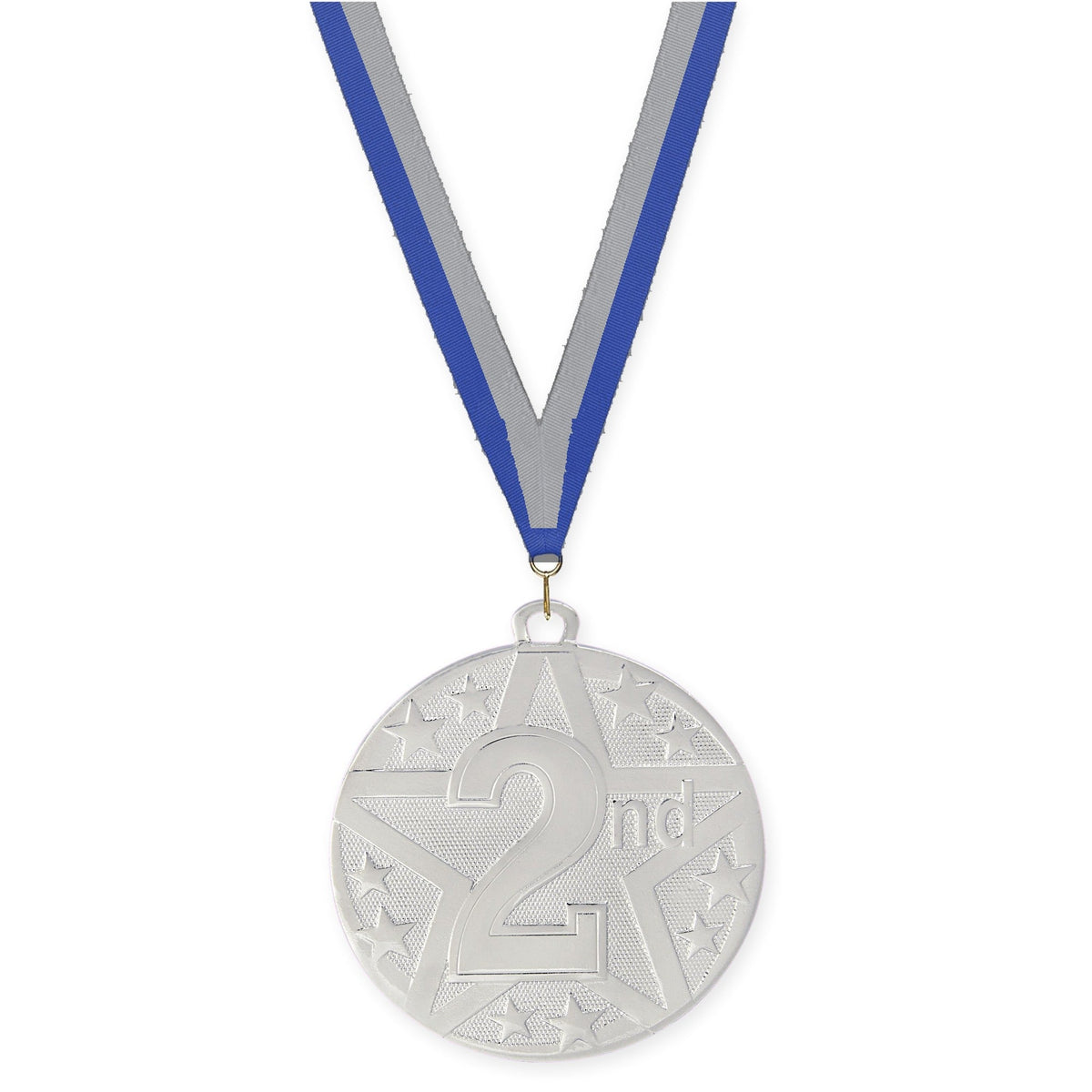 2 inch Place Superstar medal in silver - 2nd place with Blue Gray neck ribbon